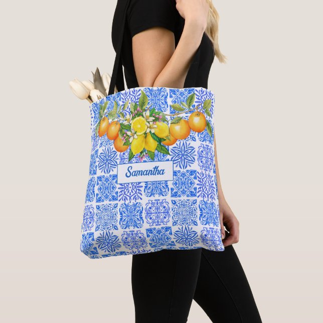 Sicilian blue yellow citrus Mediterranean azulejo  Tote Bag (Close Up)