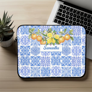 Sicilian Blue Yellow Mediterranean Citrus Tile Laptop Sleeve