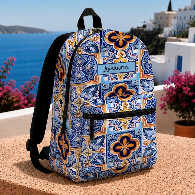  Sicilian Blue Yellow Mediterranean Tile pattern  Printed Backpack (Creator Uploaded)