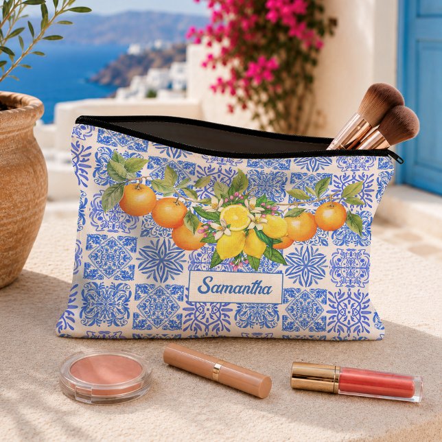 Sicilian Citrus Azulejo Blue Yellow Tile Design Accessory Pouch (Creator Uploaded)