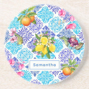 Sicilian citrus floral Mediterranean azulejo tiles Coaster