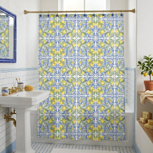 Sicilian Lemon Blue Majolica Tile Shower Curtain