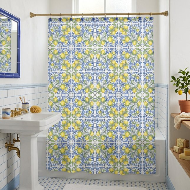 Sicilian Lemon Blue Majolica Tile Shower Curtain (Sicilian Lemon Blue Majolica Tile Shower Curtain)