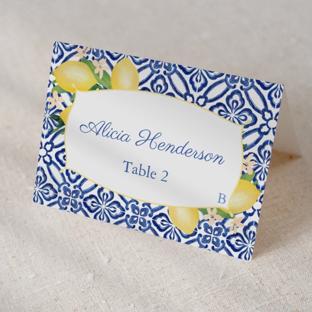Sicilian Lemons Blue Tiles Wedding Place Card (Individual place card design featuring lemons with blue and white azulejo tile print)