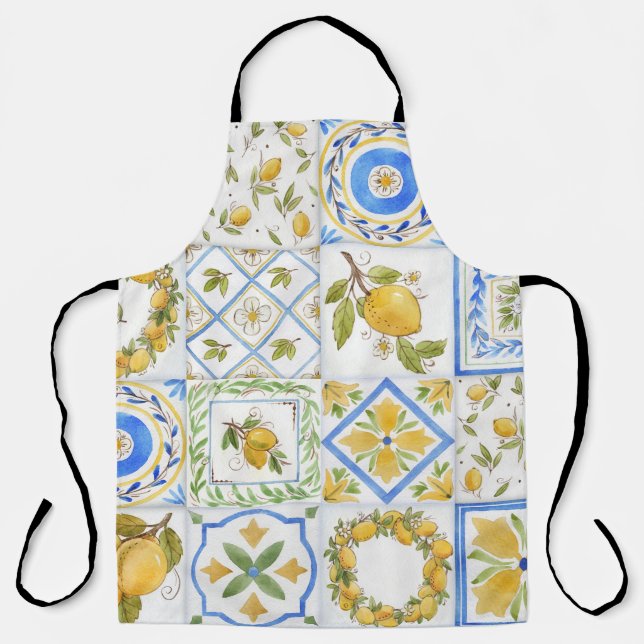 Sicilian Lemons Watercolor Square Pattern Apron (Front)
