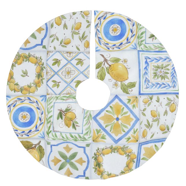 Sicilian Lemons Watercolor Square Pattern Brushed Polyester Tree Skirt (Front)
