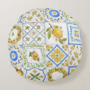 Sicilian Lemons Watercolor Square Pattern Round Cushion