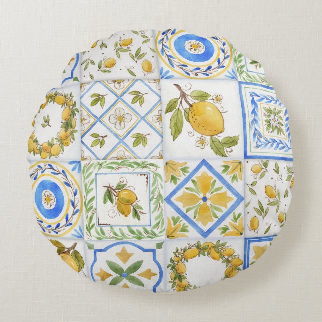 Sicilian Lemons Watercolor Square Pattern Round Cushion (Front)