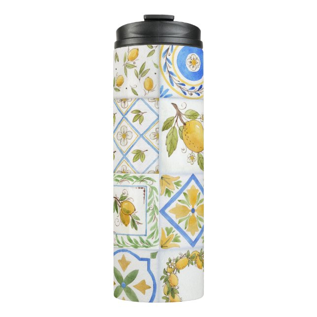 Sicilian Lemons Watercolor Square Pattern Thermal Tumbler (Front)