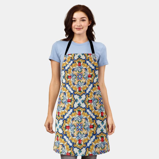 Sicilian Majolica Colorful Tile Pattern Apron (Worn)