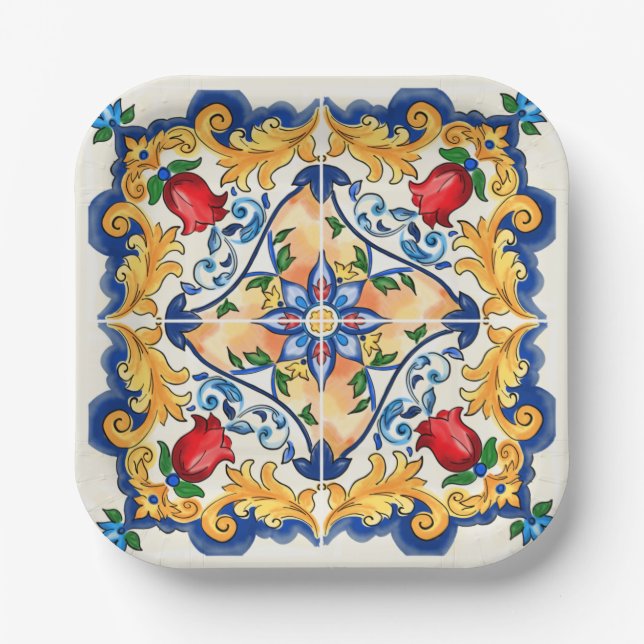 Sicilian Majolica Colorful Tile Pattern Paper Plate (Front)
