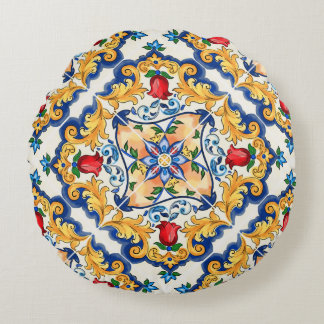 Sicilian Majolica Colorful Tile Pattern Round Cushion