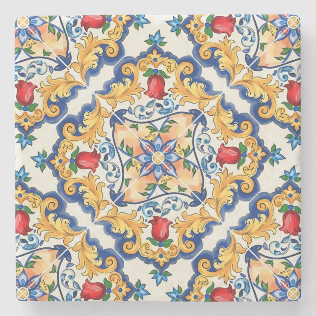 Sicilian Majolica Colorful Tile Pattern Stone Coaster (Front)