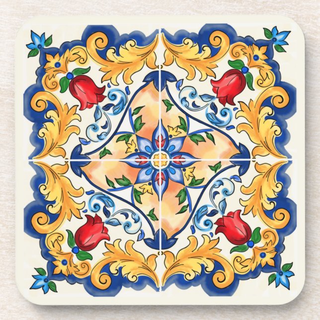 Sicilian Majolica Colourful Tile Pattern Coaster (Front)