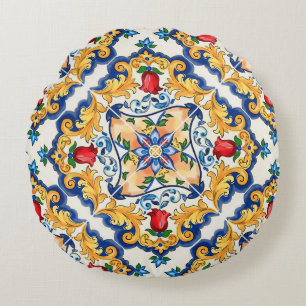 Sicilian Majolica Colourful Tile Pattern Round Cushion