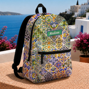Sicilian Majolica Green Blue Floral Tile Pattern Printed Backpack