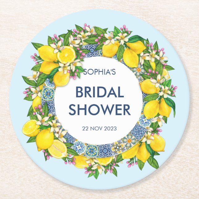 Sicilian Majolica Tiles Floral Leafy Lemon Garland Round Paper Coaster (Front)