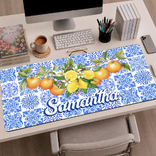 Sicilian Mediterranean Azulejo Blue Yellow Citrus Desk Mat