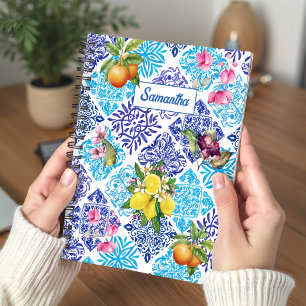 Sicilian Mediterranean Azulejo Floral Citrus Tiles Notebook