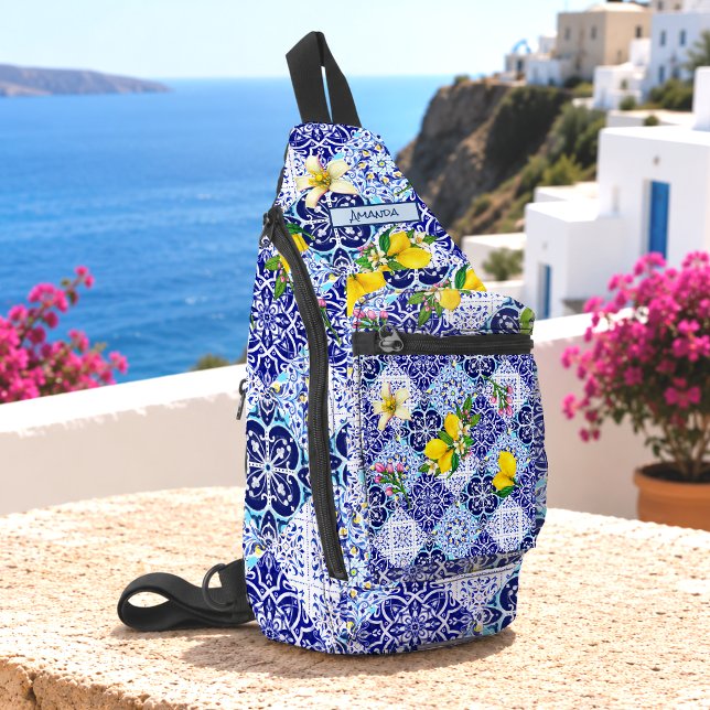 Sicilian Mediterranean Blue Citrus Ceramic Tile Sling Bag (Creator Uploaded)