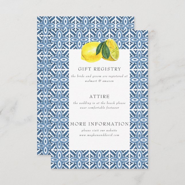 Sicilian Mediterranean Blue Tiles Lemon Wedding  Enclosure Card (Front/Back)