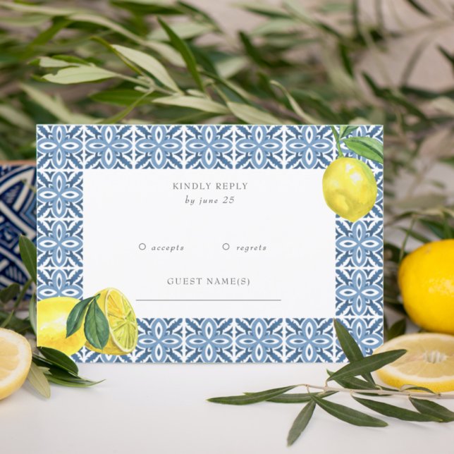 Sicilian Mediterranean Blue Tiles Lemon Wedding  RSVP Card (Creator Uploaded)