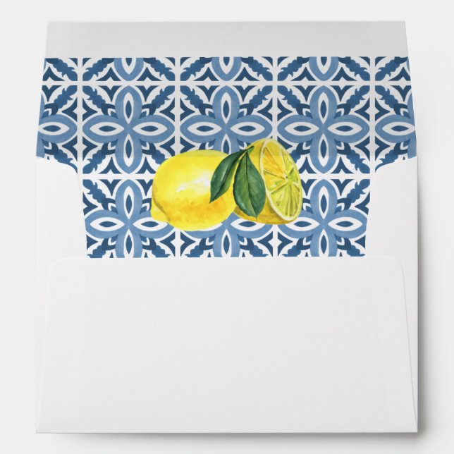 Sicilian Mediterranean Blue Tiles Lemons Wedding  Envelope (Back (Bottom))