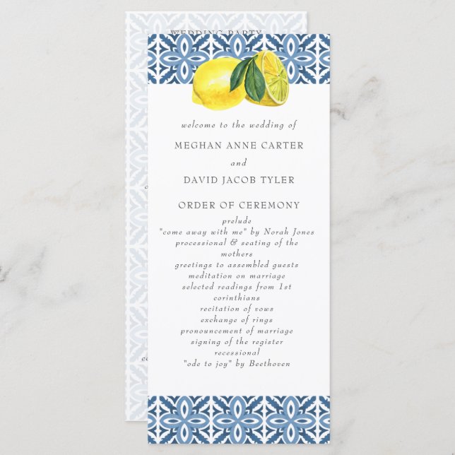Sicilian Mediterranean Blue Tiles Lemons Wedding  Programme (Front/Back)