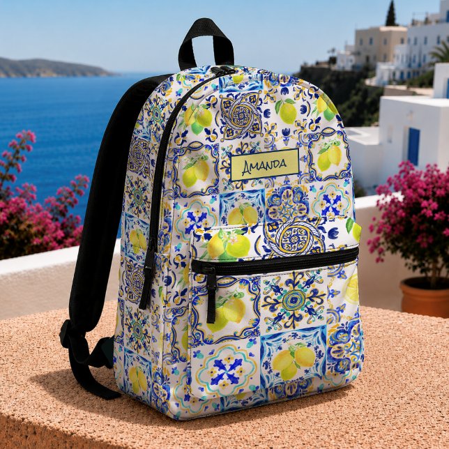 Sicilian Mediterranean Blue Yellow Majolica Citrus Printed Backpack (Creator Uploaded)