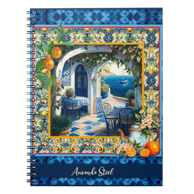 Sicilian Mediterranean citrus blue tiles Notebook (Front)
