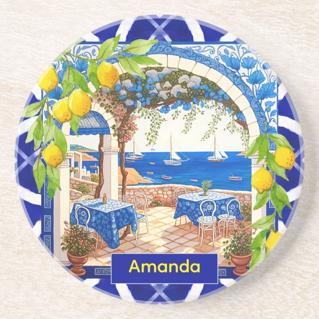 Sicilian Mediterranean majolica citrus blue tiles Coaster (Front)
