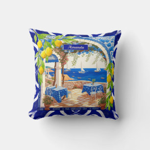 Sicilian Mediterranean majolica citrus blue tiles Cushion