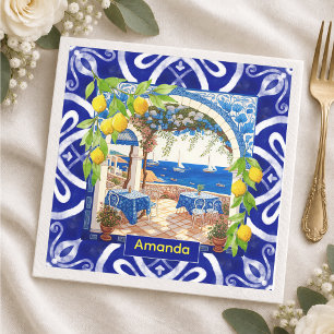 Sicilian Mediterranean majolica citrus blue tiles Napkin