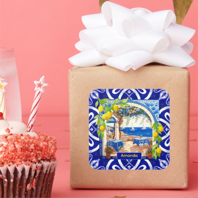 Sicilian Mediterranean majolica citrus blue tiles Square Sticker (Party)