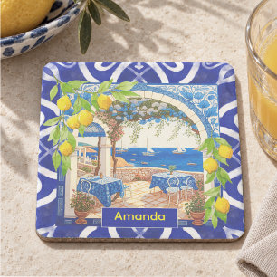 Sicilian Mediterranean majolica citrus blue tiles Stone Coaster
