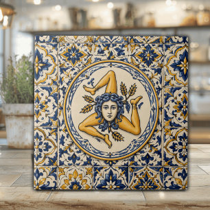Sicilian Navy & Gold Ceramic Tile with Trinacria