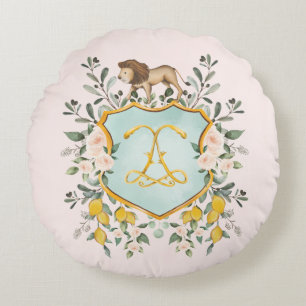 Sicilian Olive Branch Lemon Roses Lion Baby Girl Round Cushion