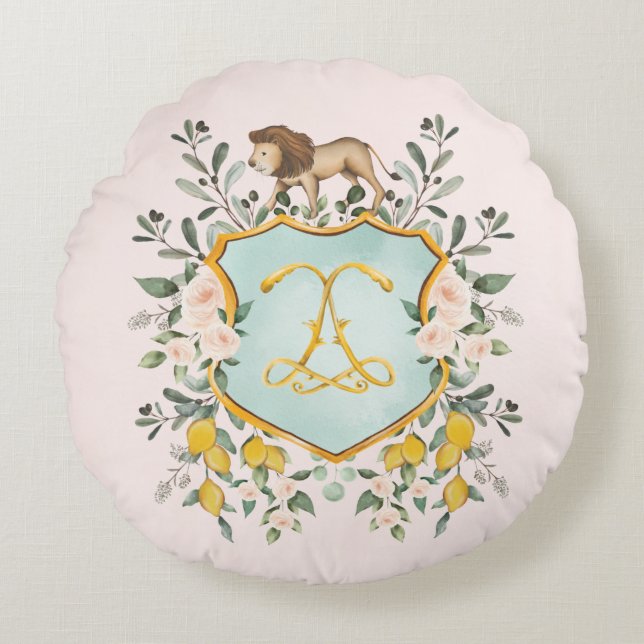 Sicilian Olive Branch Lemon Roses Lion Baby Girl Round Cushion (Front)