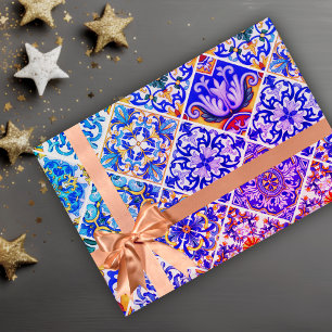 Sicilian Purple Blue Mediterranean Tile Pattern Wrapping Paper