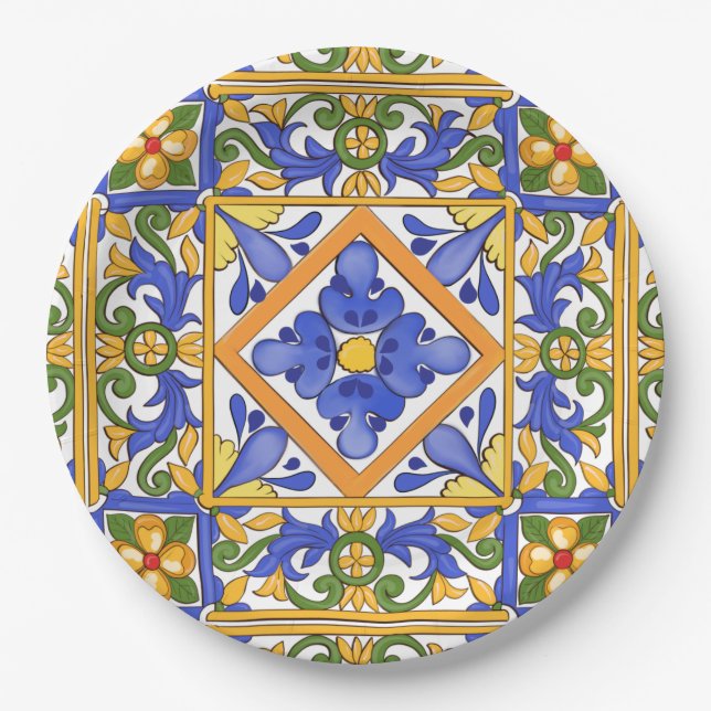 Sicilian style,majolica,summer,colourful pattern   paper plate (Front)