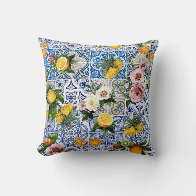 Sicilian style tiles with flowers and lemon cushion (Front)