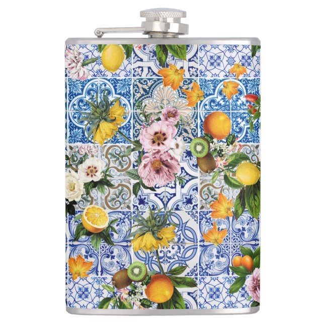 Sicilian style tiles with flowers and lemon hip flask (Front)