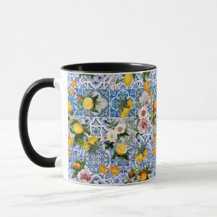Sicilian style tiles with flowers and lemon mug