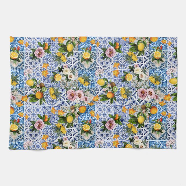 Sicilian style tiles with flowers and lemon tea towel (Horizontal)