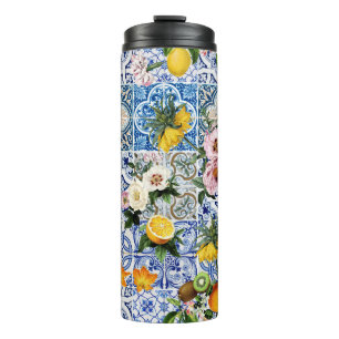 Sicilian style tiles with flowers and lemon thermal tumbler