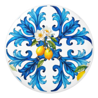 Sicilian,summer,lemon,mosaic,blue ceramic knob