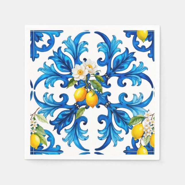 Sicilian,summer,lemon,mosaic,blue, Napkin (Front)