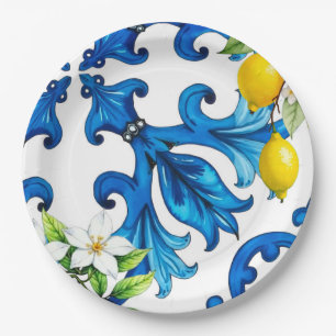 Sicilian,summer,lemon,mosaic,blue  paper plate
