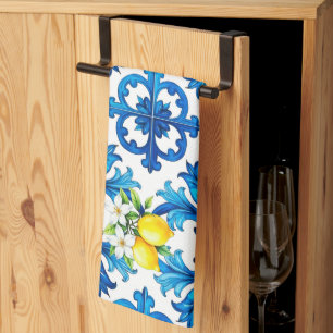 Sicilian,summer,lemon,mosaic,blue  tea towel