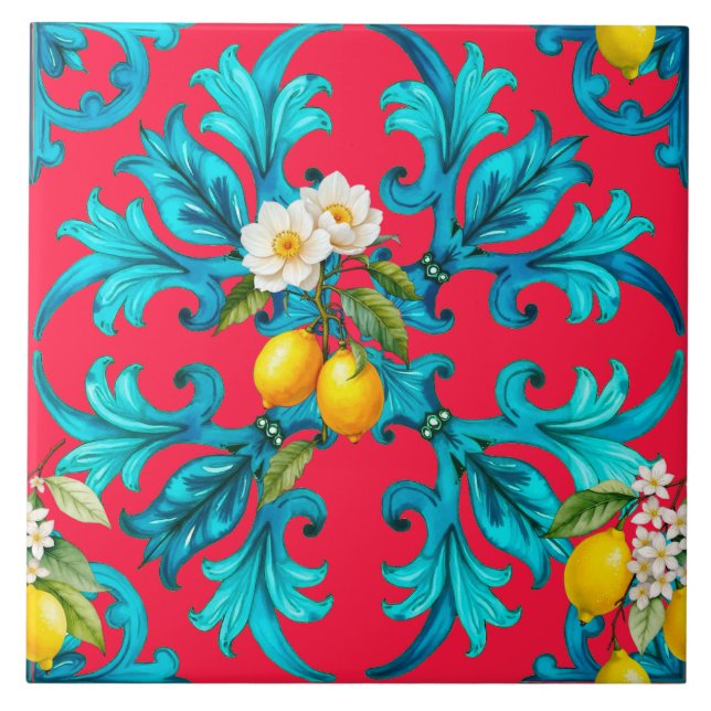 Sicilian,summer,lemon,mosaic,pink, Tile (Front)